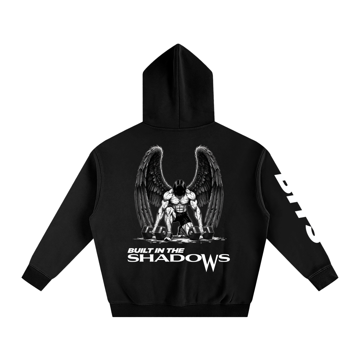 Black Oversized Mens Hoodie Angel Wings Weightlifter BACK